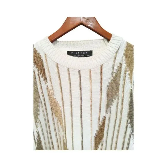 Vintage 80's Protegé Collection Men Sweater XL Cream Brown 3D Geometric Striped